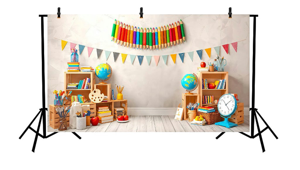 COLORFUL ART CLASSROOM WITH GIANT PENCILS AND BUNTING FLAGS - PRINTED BACKDROP