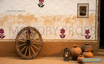 RUSTIC VILLAGE MUD WALL WITH WOODEN WHEEL AND CLAY POTS - PRINTED BACKDROP