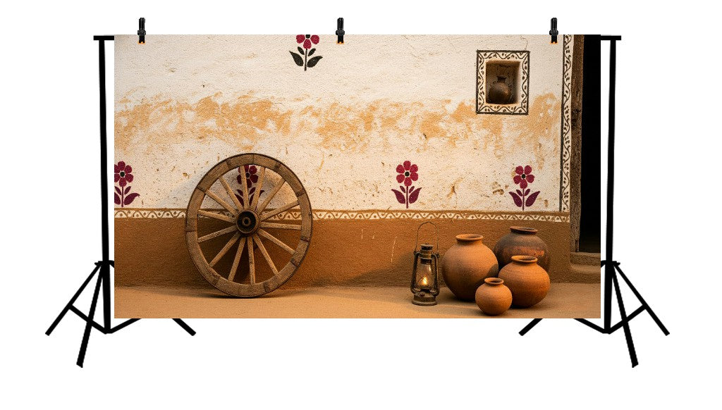 RUSTIC VILLAGE MUD WALL WITH WOODEN WHEEL AND CLAY POTS - PRINTED BACKDROP