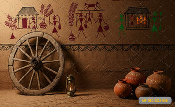 TRADITIONAL VILLAGE WALL WITH WARLI ART AND WOODEN WHEEL - PRINTED BACKDROP
