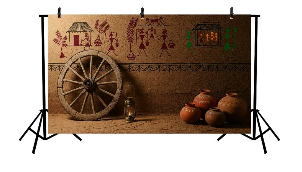 TRADITIONAL VILLAGE WALL WITH WARLI ART AND WOODEN WHEEL - PRINTED BACKDROP