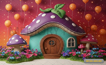 WHIMSICAL TEAL MUSHROOM HOUSE WITH PURPLE POLKA DOT ROOF - PRINTED BACKDROP