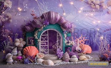 GLITTERY PURPLE SEASHELL HOUSE WITH CORAL AND PEARL ACCENTS - PRINTED BACKDROP