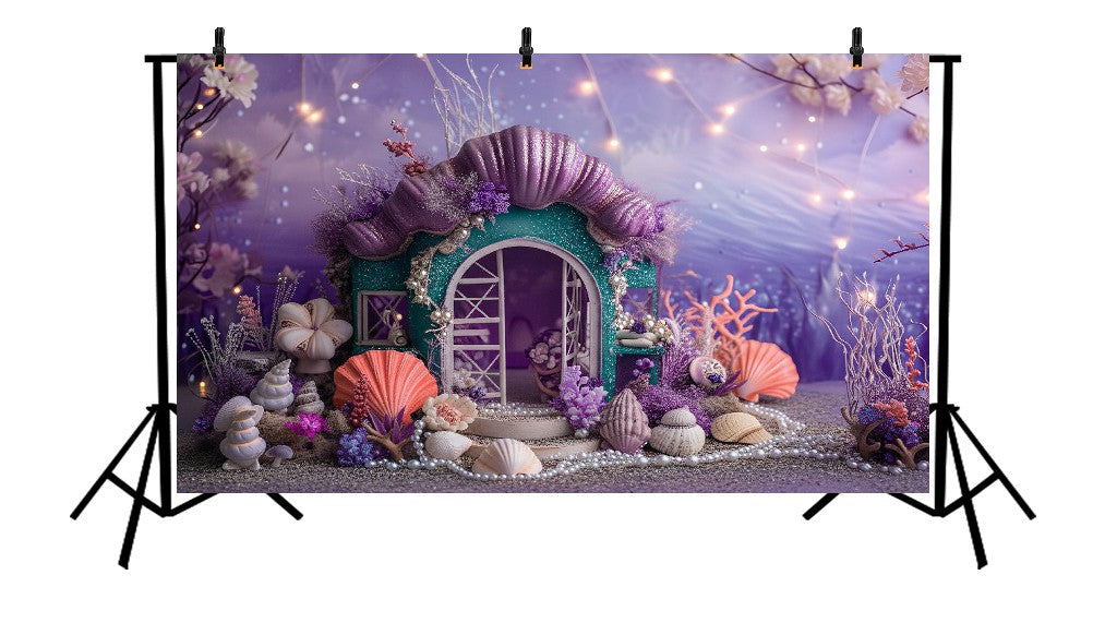 GLITTERY PURPLE SEASHELL HOUSE WITH CORAL AND PEARL ACCENTS - PRINTED BACKDROP