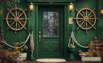 NAUTICAL DARK GREEN CABIN DOOR WITH SHIP WHEELS AND ROPE ACCENTS - PRINTED BACKDROP