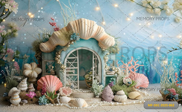 AQUAMARINE SEASHELL HOUSE WITH PINK CORAL AND TWINKLING LIGHTS - PRINTED BACKDROP