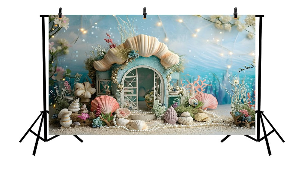 AQUAMARINE SEASHELL HOUSE WITH PINK CORAL AND TWINKLING LIGHTS - PRINTED BACKDROP