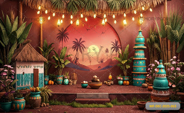 TROPICAL DESERT SUNSET WITH TEAL POTTERY AND WARM FESTOON LIGHTS - PRINTED BACKDROP