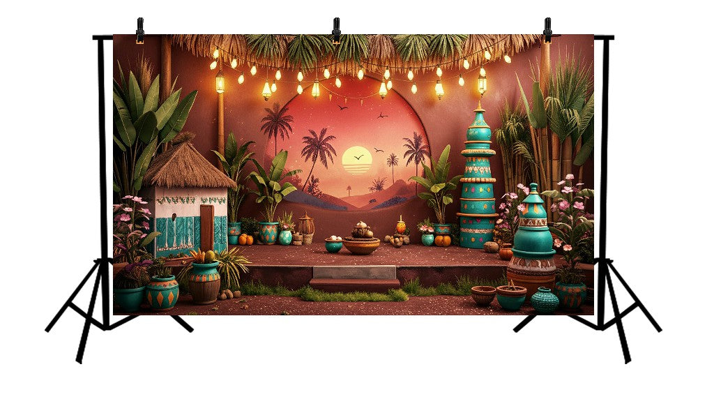 TROPICAL DESERT SUNSET WITH TEAL POTTERY AND WARM FESTOON LIGHTS - PRINTED BACKDROP