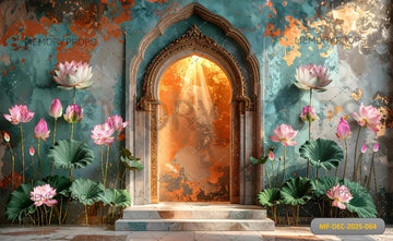 MAJESTIC GOLDEN ARCHWAY WITH RADIANT LIGHT AND PINK LOTUS FLOWERS - PRINTED BACKDROP