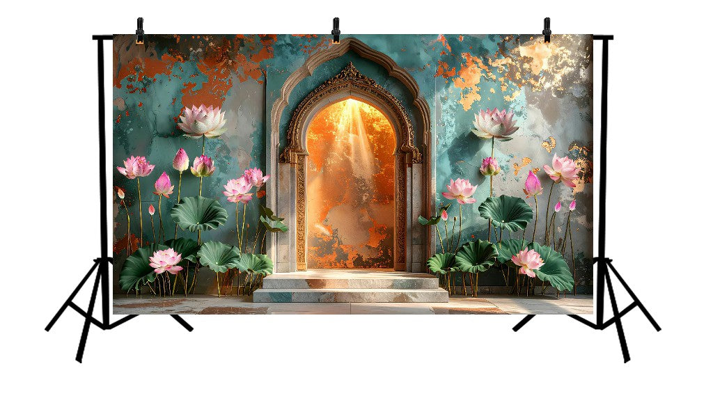 MAJESTIC GOLDEN ARCHWAY WITH RADIANT LIGHT AND PINK LOTUS FLOWERS - PRINTED BACKDROP