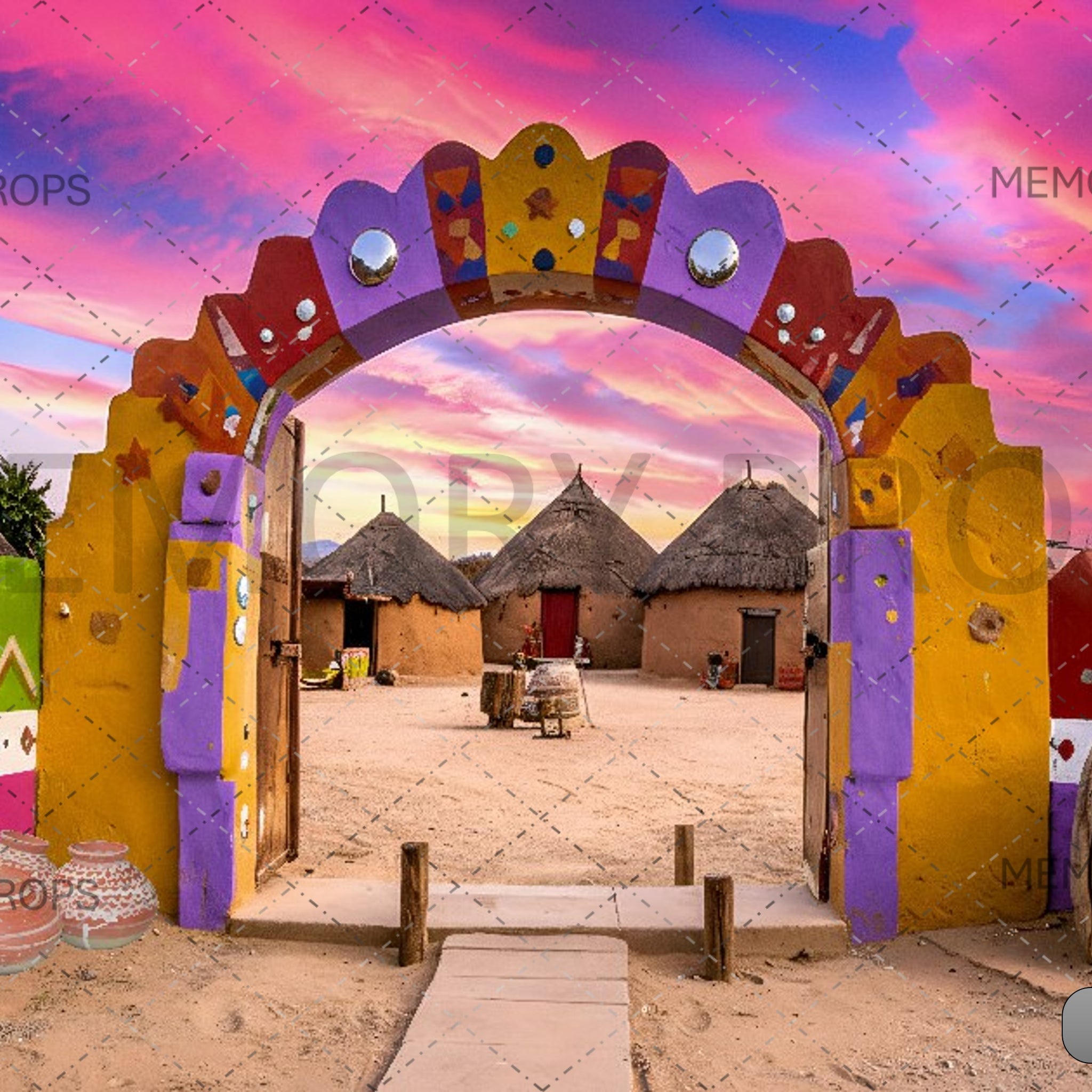 Vibrant Village Entrance Arch With Colourful Mud Houses And Pink Sky ...