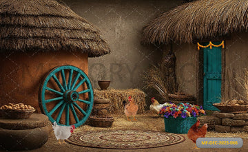 RUSTIC FARM VILLAGE WITH THATCHED ROOFS - PRINTED BACKDROP