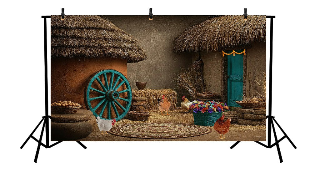 RUSTIC FARM VILLAGE WITH THATCHED ROOFS - PRINTED BACKDROP