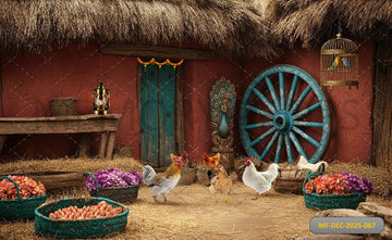 RED MUD VILLAGE COURTYARD WITH TURQUOISE WHEEL - PRINTED BACKDROP