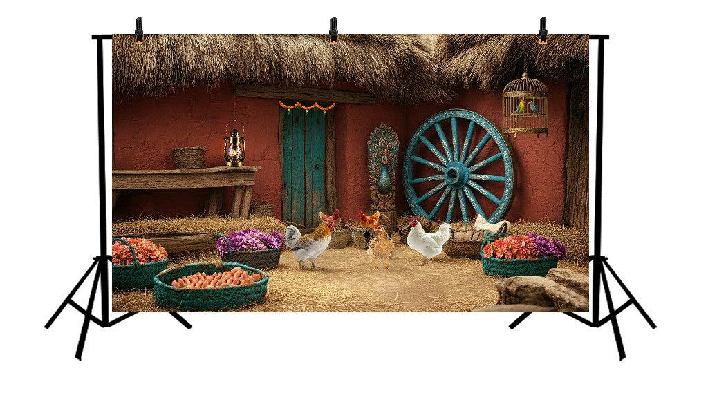 RED MUD VILLAGE COURTYARD WITH TURQUOISE WHEEL - PRINTED BACKDROP