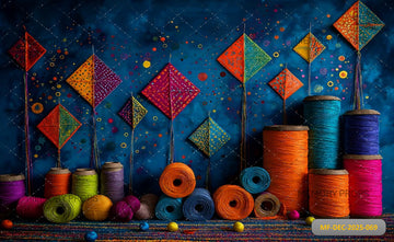 VIBRANT KITE FESTIVAL WITH COLORFUL THREAD SPOOLS AND PAINT - PRINTED BACKDROP