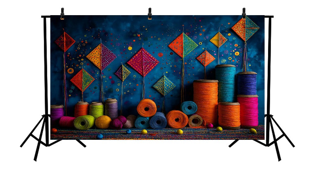 VIBRANT KITE FESTIVAL WITH COLORFUL THREAD SPOOLS AND PAINT - PRINTED BACKDROP