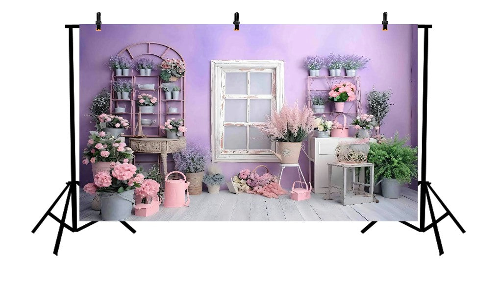 PURPLE FLORAL GARDEN WITH WHITE WINDOW - PRINTED BACKDROP