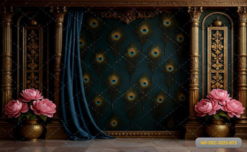 REGAL PEACOCK FEATHER WALL WITH GOLDEN COLUMNS AND PINK PEONIES - PRINTED BACKDROP