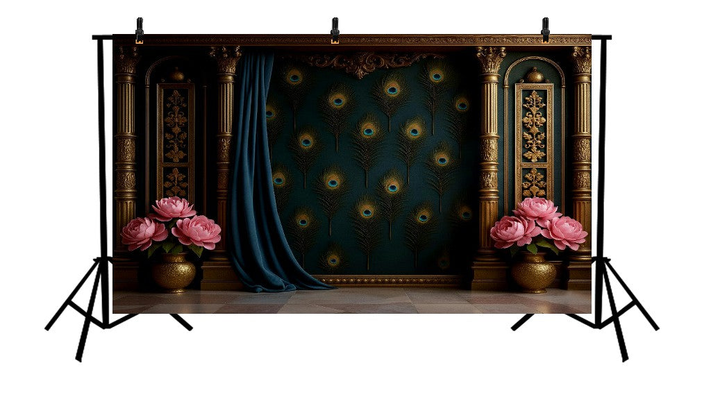 REGAL PEACOCK FEATHER WALL WITH GOLDEN COLUMNS AND PINK PEONIES - PRINTED BACKDROP