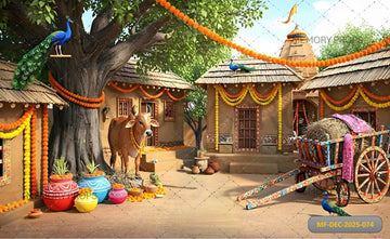 TRADITIONAL VILLAGE TEMPLE SCENE WITH SACRED COW - PRINTED BACKDROOP