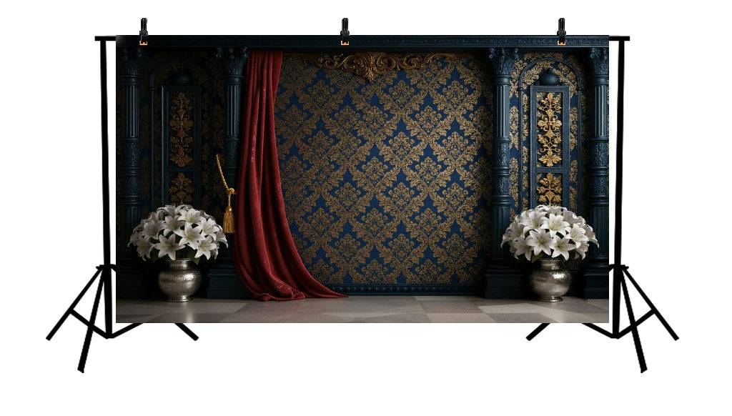ELEGANT NAVY AND GOLD DAMASK WALL - PRINTED BACKDROP