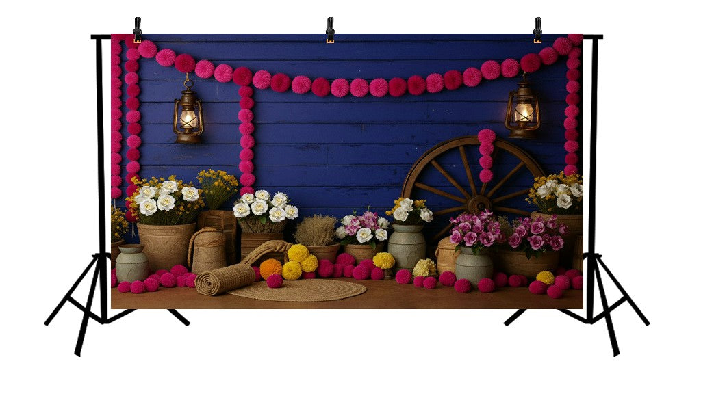 VIBRANT BLUE VILLAGE WALL - PRINTED BACKDROP