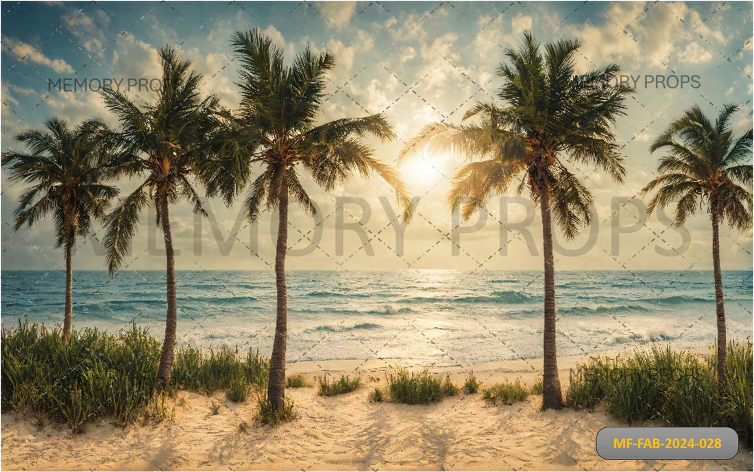 SUNSET VIEW OF TROPICAL BEACH WITH PALM TREES + SAND TEXTURE BACKDROPS
