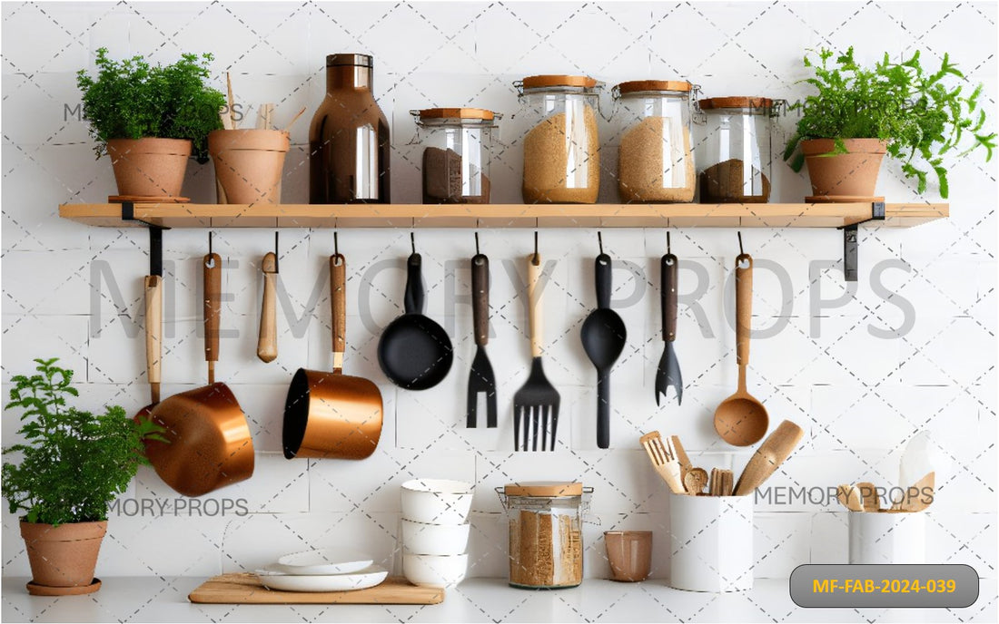 KITCHEN UTENSILS ON SHELF IN MODERN KITCHEN + WHITE WOODEN FLOORING BACKDROPS