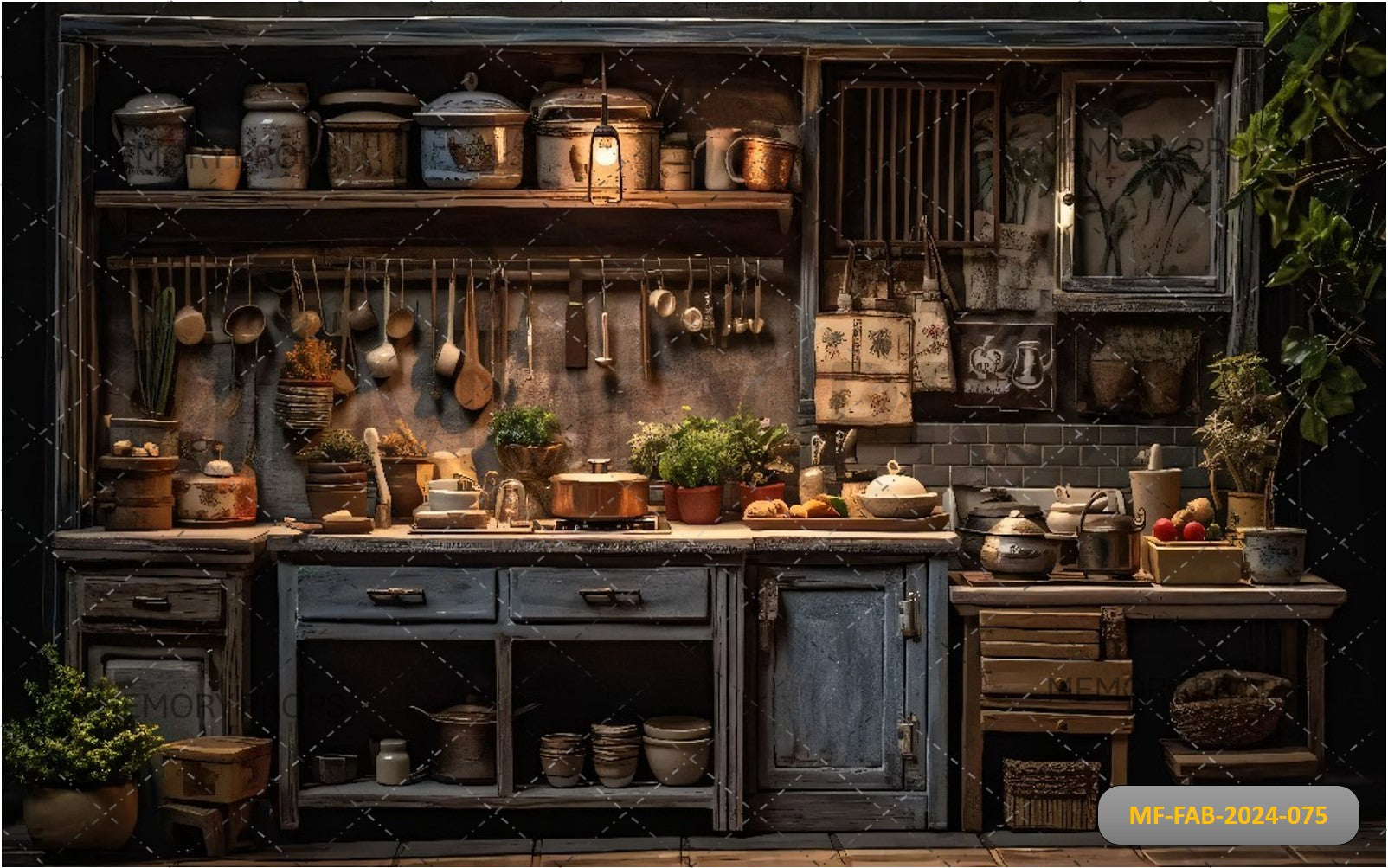 Kitchen With A Rustic Charm Featuring Printed Backdrop