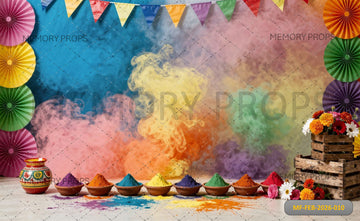 FESTIVE HOLI CELEBRATION WITH COLORFUL SMOKE, BUNTING, AND PAPER FANS - PRINTED BACKDROP