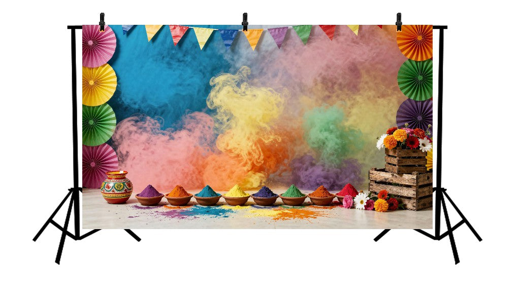FESTIVE HOLI CELEBRATION WITH COLORFUL SMOKE, BUNTING, AND PAPER FANS - PRINTED BACKDROP