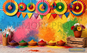 VIBRANT HOLI ART STUDIO WITH MULTICOLOR PAINT SPLASHES, PAPER ROSETTES, AND GULAL BOWLS - PRINTED BACKDROP