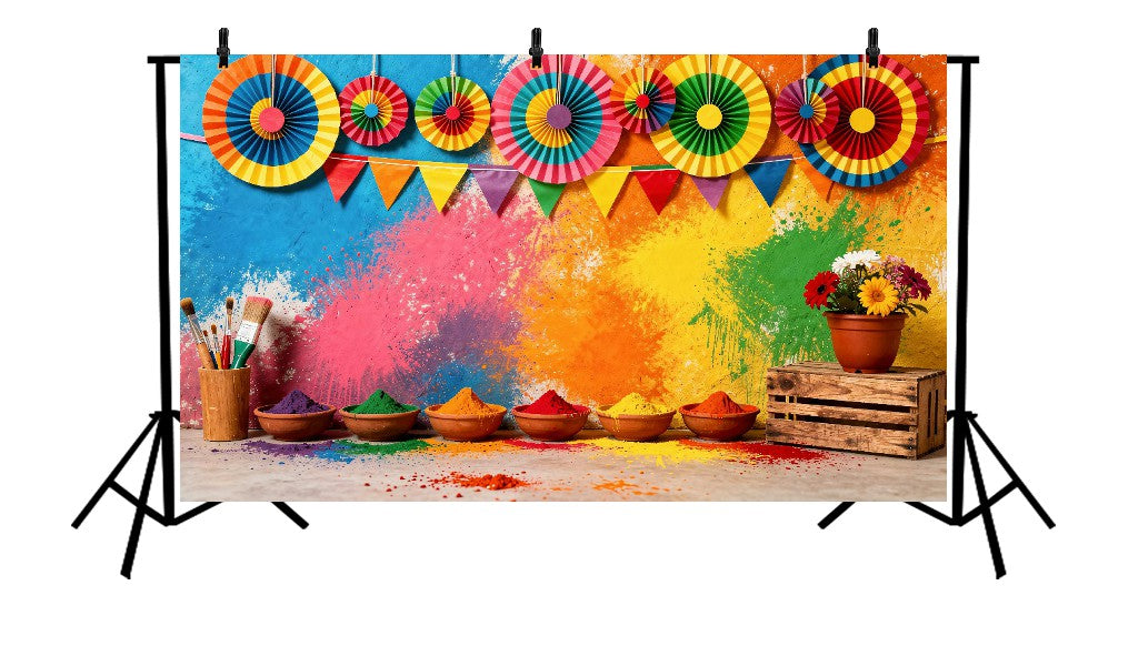 VIBRANT HOLI ART STUDIO WITH MULTICOLOR PAINT SPLASHES, PAPER ROSETTES, AND GULAL BOWLS - PRINTED BACKDROP