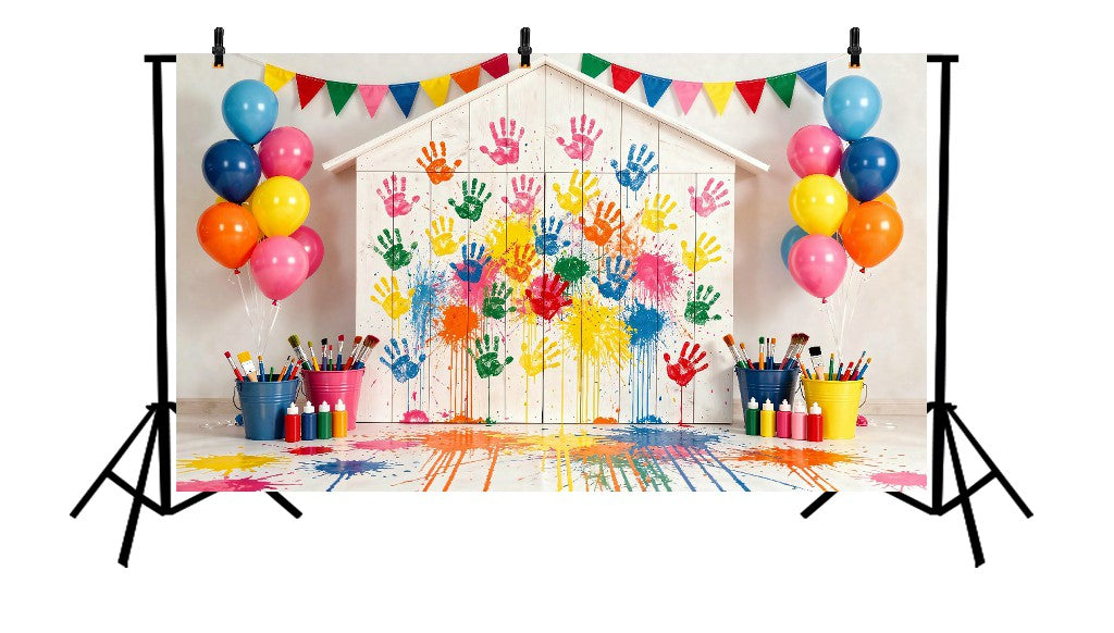 PLAYFUL HOLI HANDPRINT STUDIO WITH WHITE WOODEN HOUSE, BALLOONS, AND PAINT BUCKETS - PRINTED BACKDROP
