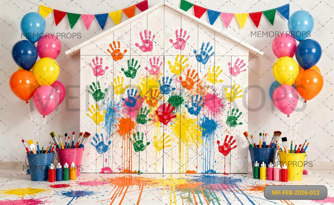 PLAYFUL HOLI HANDPRINT STUDIO WITH WHITE WOODEN HOUSE, BALLOONS, AND PAINT BUCKETS - PRINTED BACKDROP