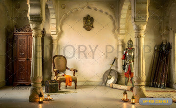 MAJESTIC RAJASTHANI PALACE ARMORY WITH SUIT OF ARMOR, THRONE CHAIR, AND ANCIENT WEAPONS - PRINTED BACKDROP
