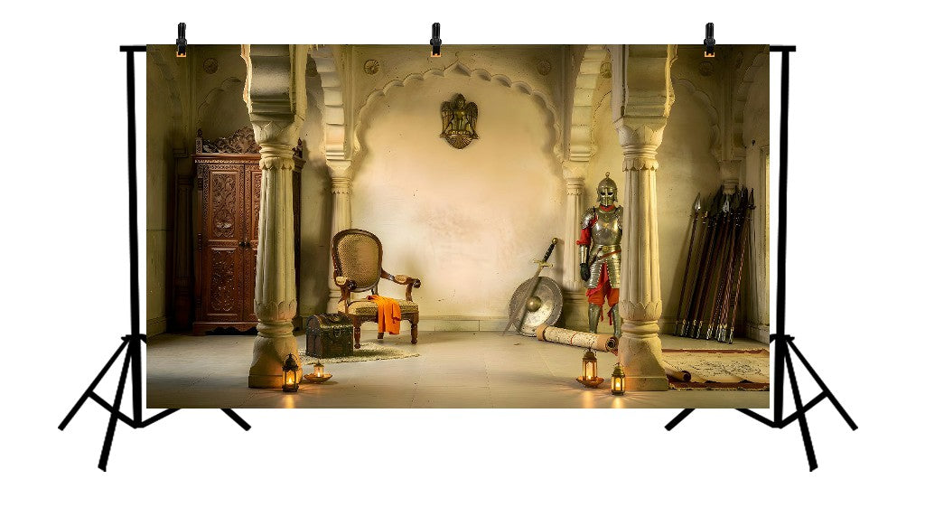 MAJESTIC RAJASTHANI PALACE ARMORY WITH SUIT OF ARMOR, THRONE CHAIR, AND ANCIENT WEAPONS - PRINTED BACKDROP