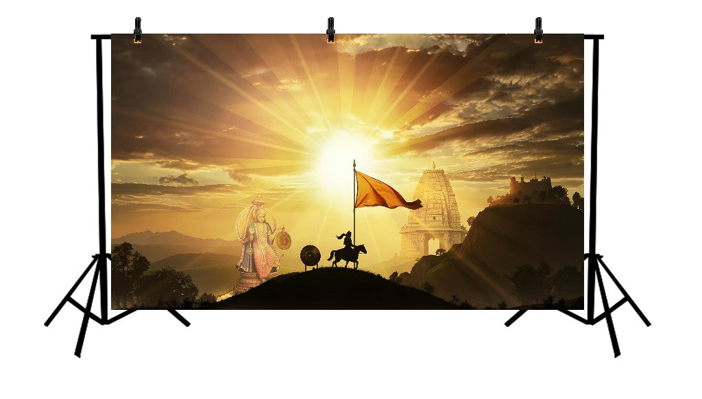 MAJESTIC HINDU DEVOTIONAL BACKDROP WITH SILHOUETTE WARRIOR, TEMPLE, AND RADIANT SUNSET - PRINTED BACKDROP