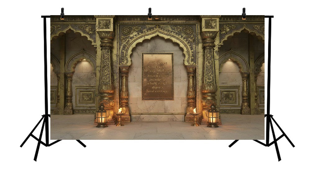 REGAL GOLDEN MARATHA PALACE WITH ETCHED CHHATRAPATI SHIVAJI MAHARAJ PLAQUE - PRINTED BACKDROP
