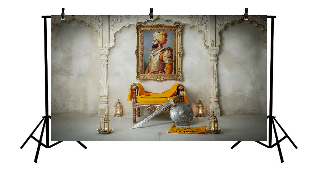 REGAL MARATHA HERITAGE SET WITH CHHATRAPATI SHIVAJI MAHARAJ PORTRAIT, SWORD, AND SHIELD - PRINTED BACKDROP
