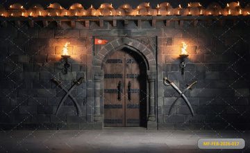 DRAMATIC MARATHA FORT GATEWAY WITH TORCHLIGHT, CROSSED SWORDS, AND SAFFRON FLAG - PRINTED BACKDROP