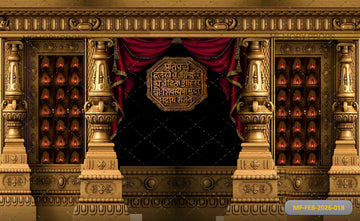 OPULENT GOLDEN MARATHA PALACE STAGE WITH RAJMUDRA SHIELD, RED CURTAINS, AND ILLUMINATED ALCOVES - PRINTED BACKDROP