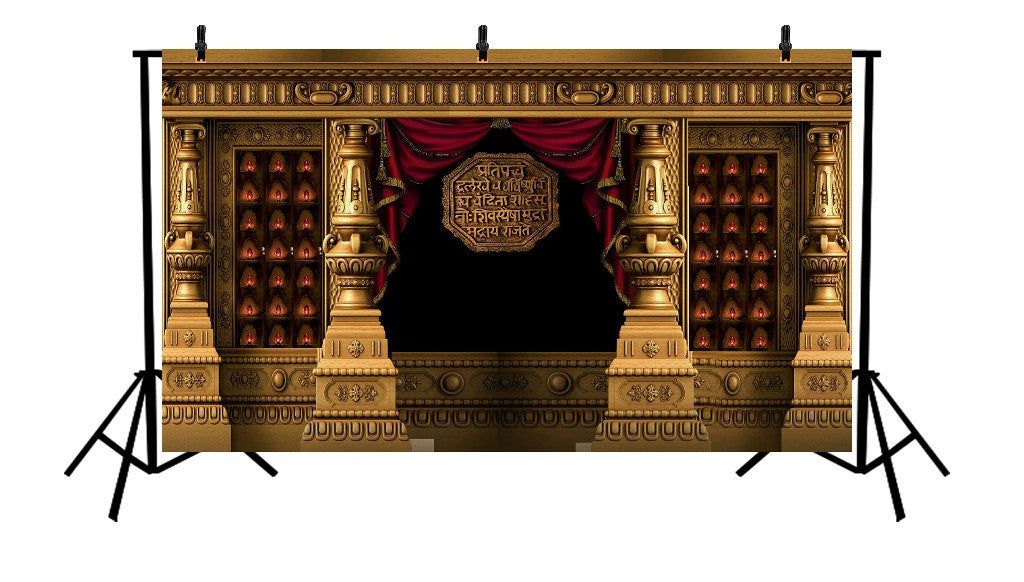 OPULENT GOLDEN MARATHA PALACE STAGE WITH RAJMUDRA SHIELD, RED CURTAINS, AND ILLUMINATED ALCOVES - PRINTED BACKDROP