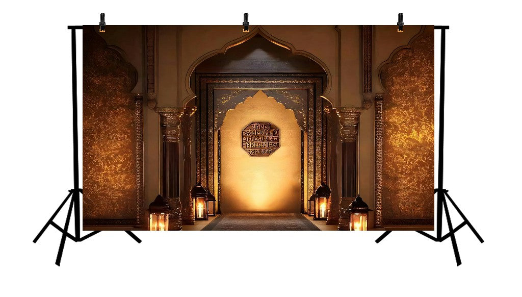 REGAL MARATHA PALACE ARCHWAY WITH ILLUMINATED RAJMUDRA SEAL AND TRADITIONAL LANTERNS - PRINTED BACKDROP