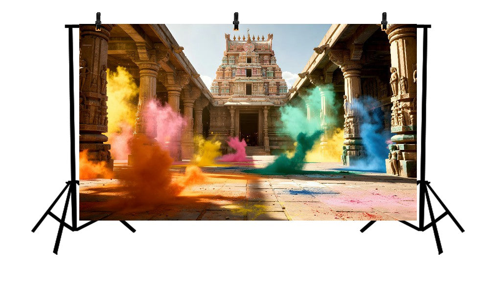 VIBRANT HOLI FESTIVAL CELEBRATION IN ANCIENT INDIAN TEMPLE COURTYARD - PRINTED BACKDROP