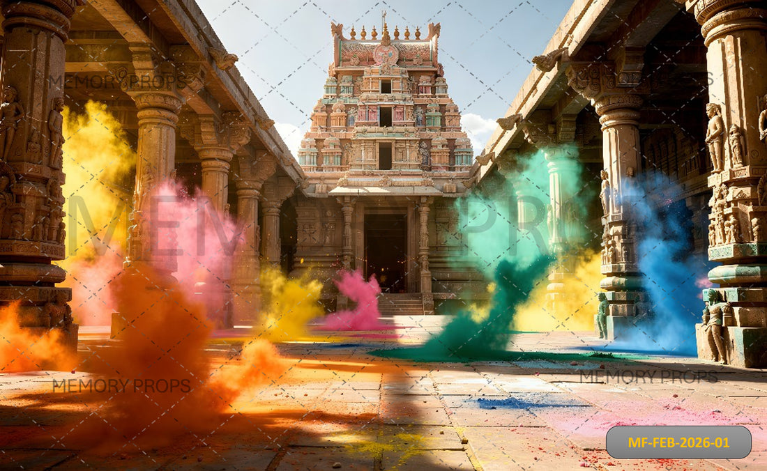 VIBRANT HOLI FESTIVAL CELEBRATION IN ANCIENT INDIAN TEMPLE COURTYARD - PRINTED BACKDROP