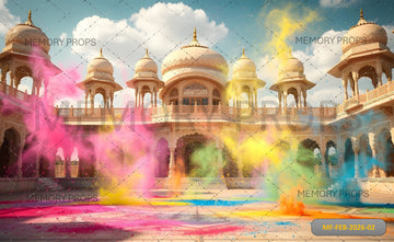 VIBRANT HOLI CELEBRATION AT LUXURY RAJASTHANI PALACE COURTYARD - PRINTED BACKDROP