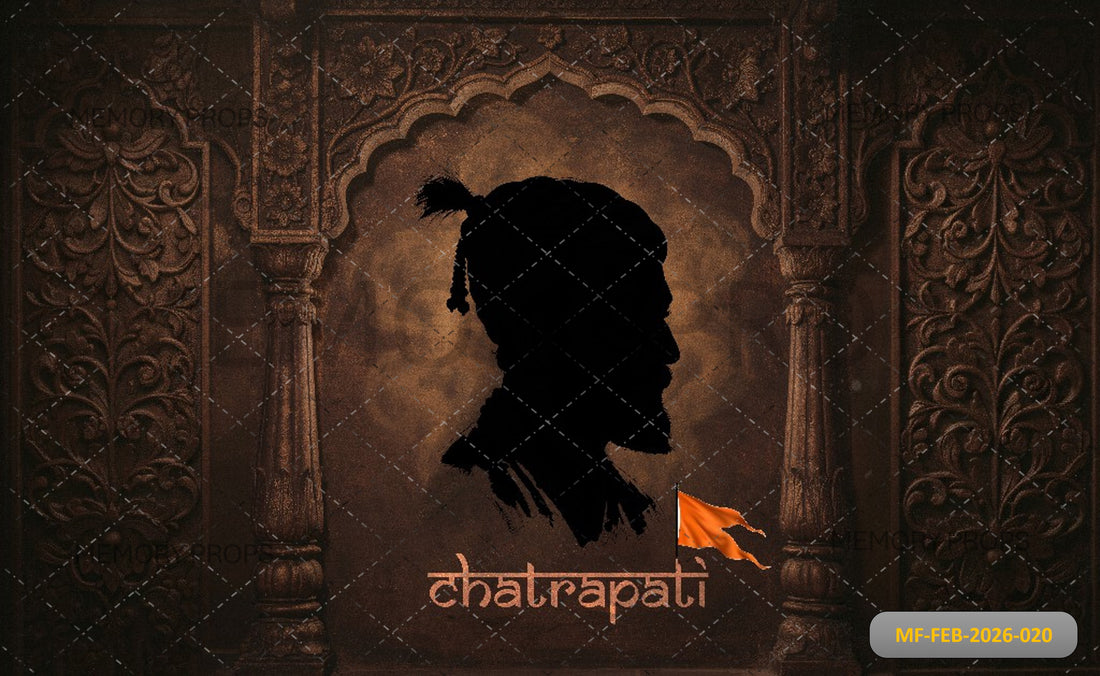 MAJESTIC MARATHA HERITAGE + FLOOR AND WALL SET WITH CHHATRAPATI SILHOUETTE AND CARVED STONE ARCHWAY - PRINTED BACKDROP